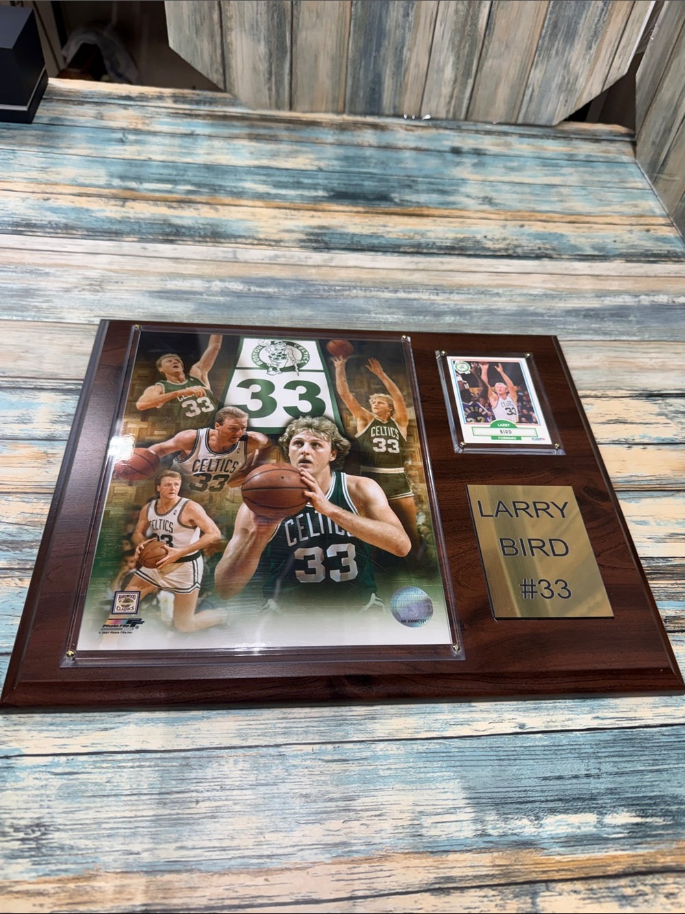 ⭐️2007 Larry Bird Boston Celtics Photo File Wood Plaque BD009 w/ 1990 Fleer Card